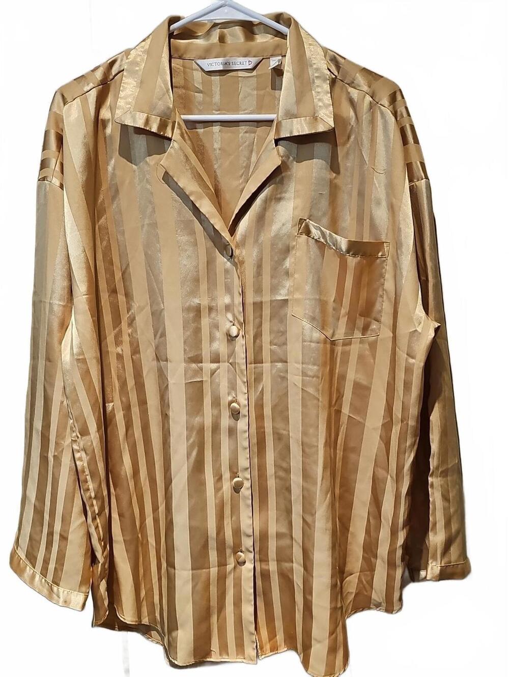 Victoria's Secret Sleep Shirt Satin Sz M Gold Striped Golden Romantic Vintage
